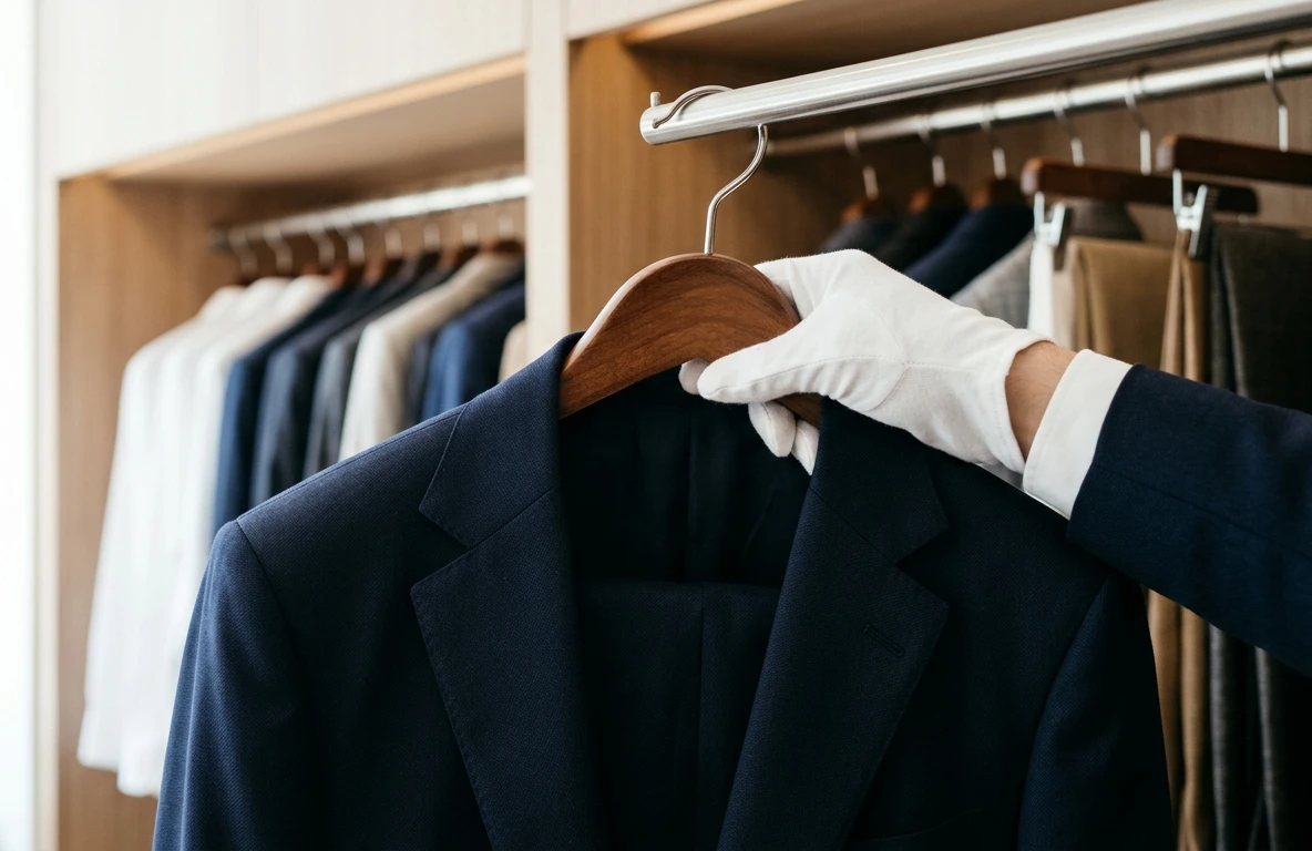 A person wearing a white glove holds a dark suit jacket on a wooden hanger in front of a closet with several other hanging suits.