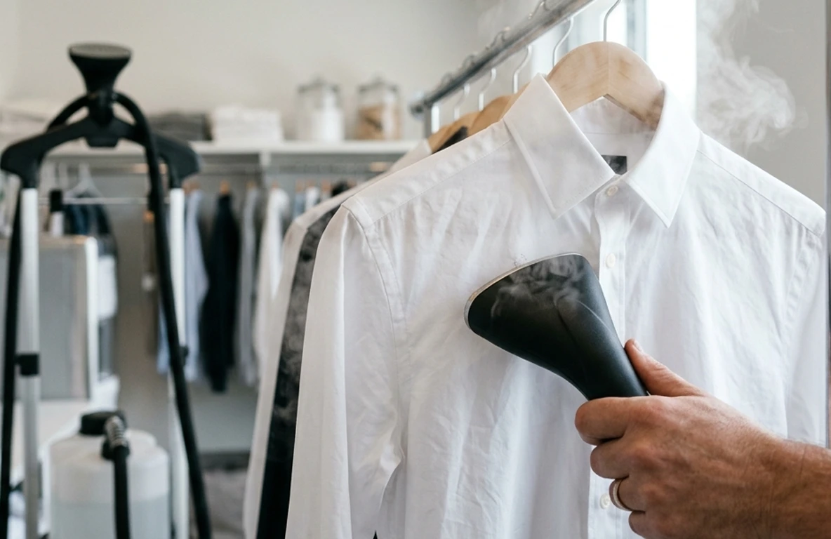 A person steams a white button-up shirt on a hanger in a closet, with other clothes hanging in the background.