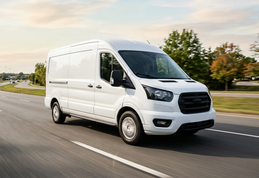 A white cargo van driving on a multi-lane road with trees and grass visible in the background.