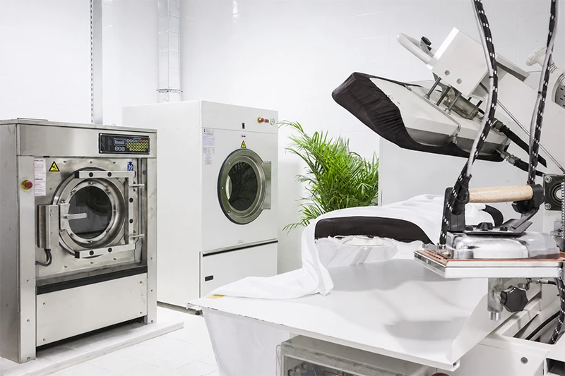 Industrial laundry room with a washing machine, dryer, ironing press, and a green potted plant against a white wall.