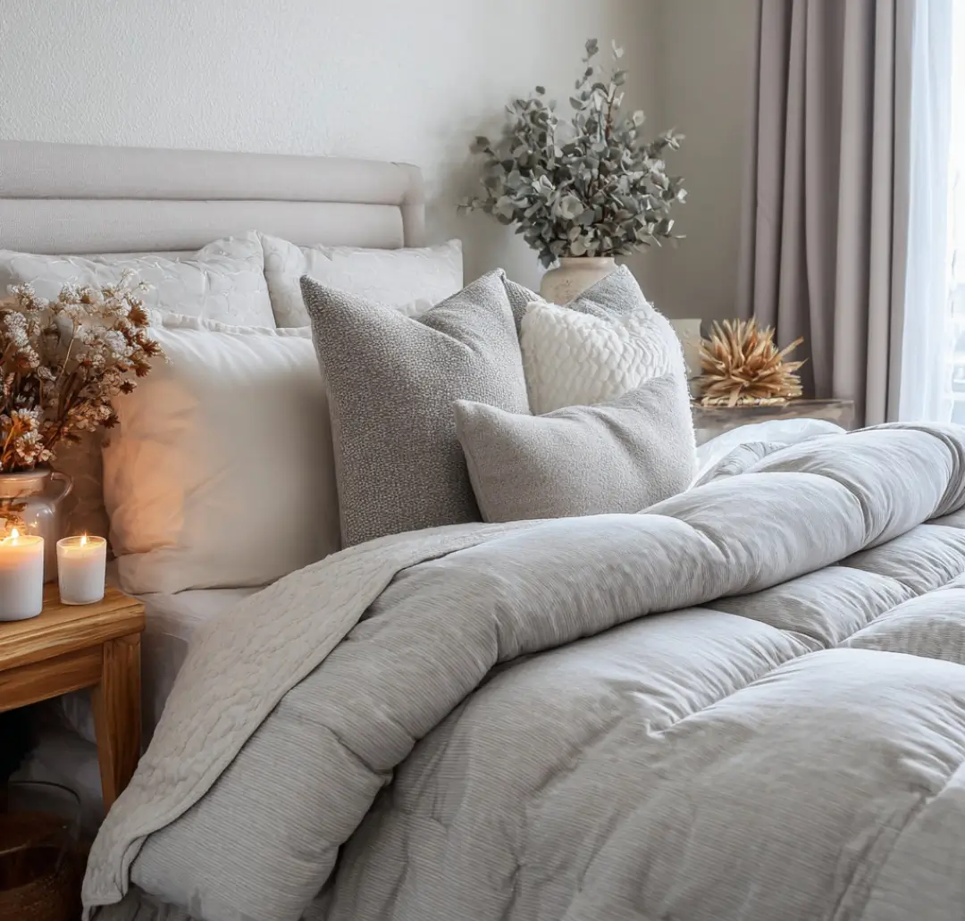 A neatly made bed with white and gray bedding, assorted pillows, lit candles on a wooden side table, and dried floral arrangements in a cozy, softly lit bedroom.